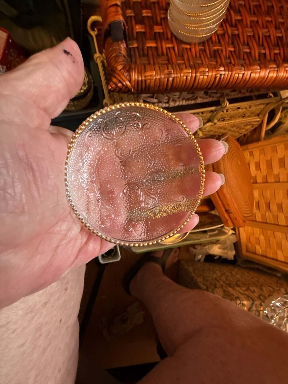 Vintage Jeannette Glass HARP Set of 2 Beaded Coaster Set Gold Trim 3 3/8" USA